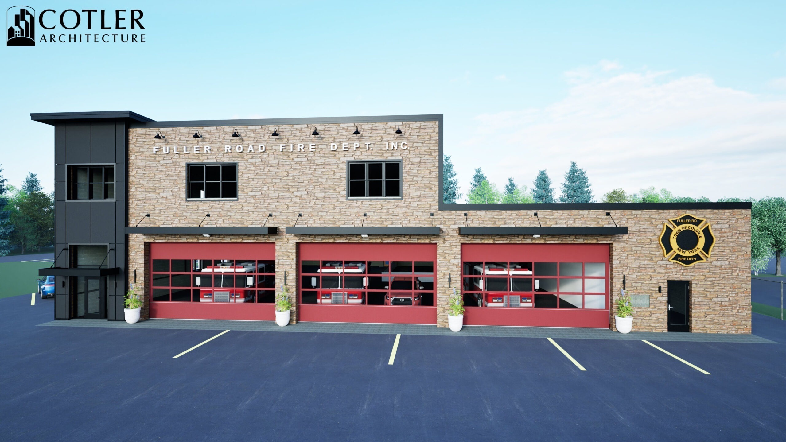Image of a firehouse with red garage doors, brick acing, and Fuller Road Fire Dept signage. Set against a blue sky, evergreen trees, and a vacant parking lot.