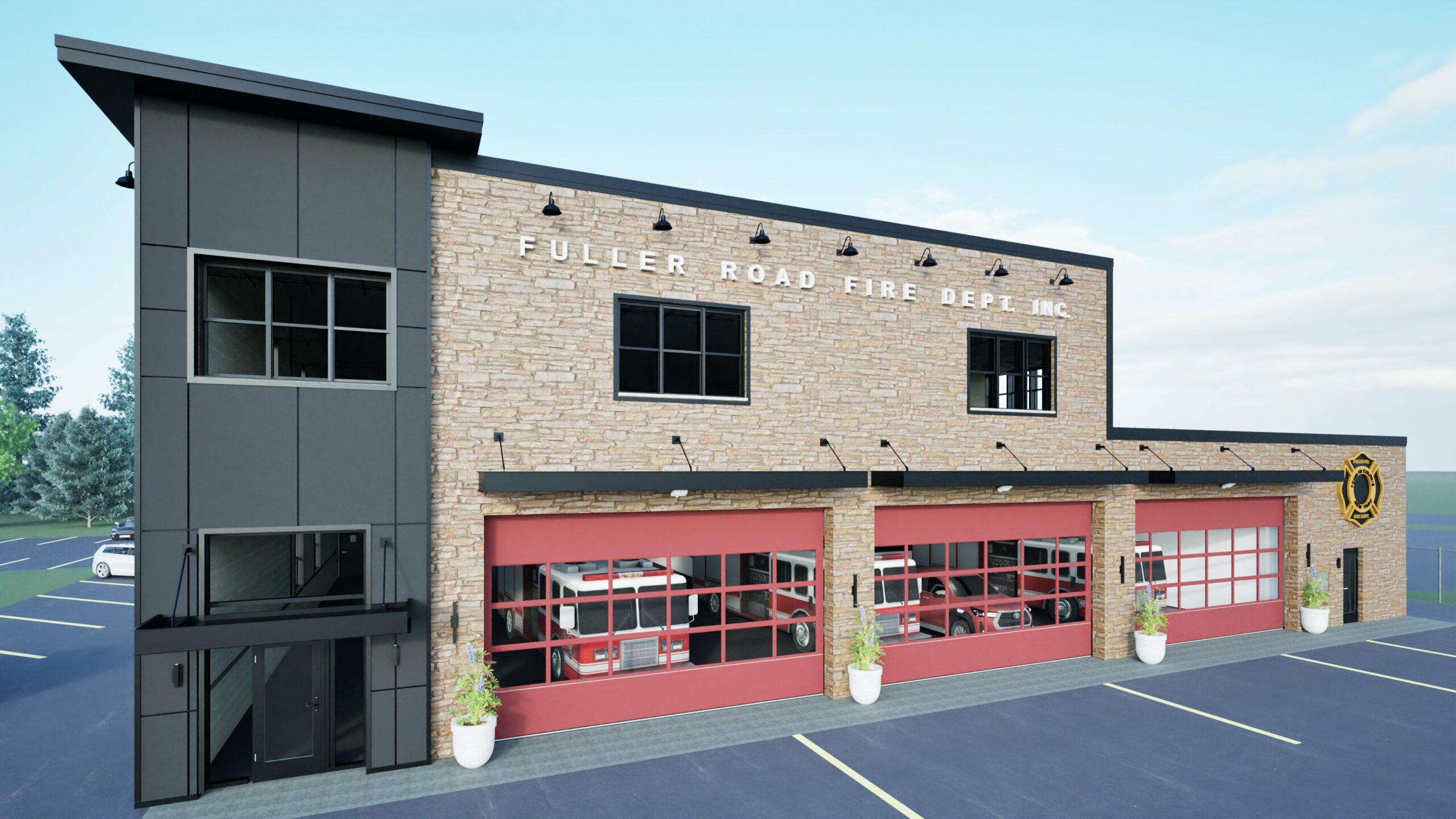 Image of a firehouse with red garage doors, brick acing, and Fuller Road Fire Dept signage. Set against a blue sky, evergreen trees, and a vacant parking lot.
