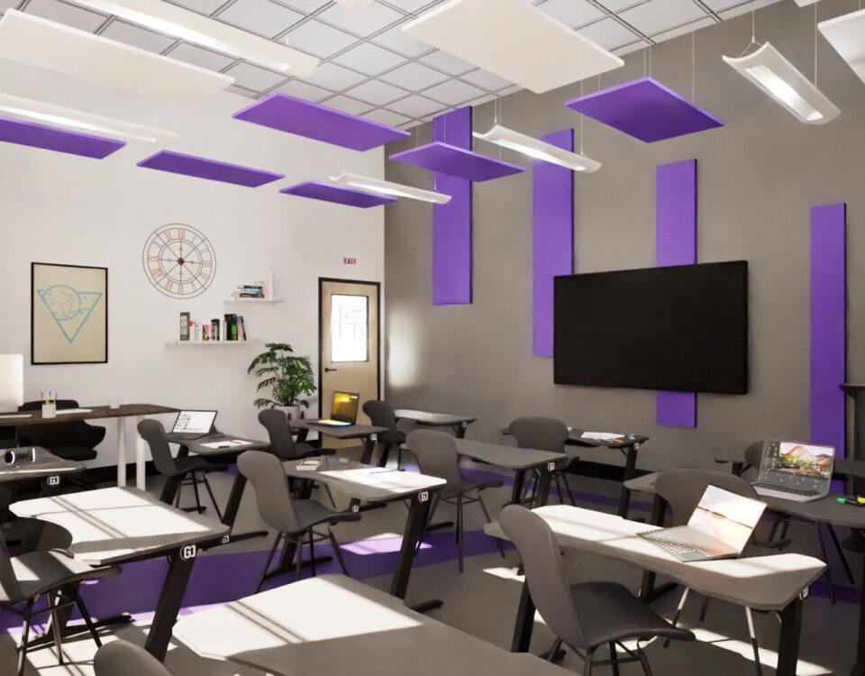 Interior of Christian Brothers Academy classroom with gray and black desks, gray walls, white ceiling, and violet panels.