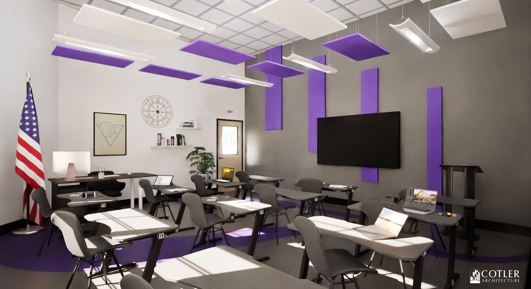 Interior of Christian Brothers Academy classroom with gray and black desks, gray walls, white ceiling, and violet panels.