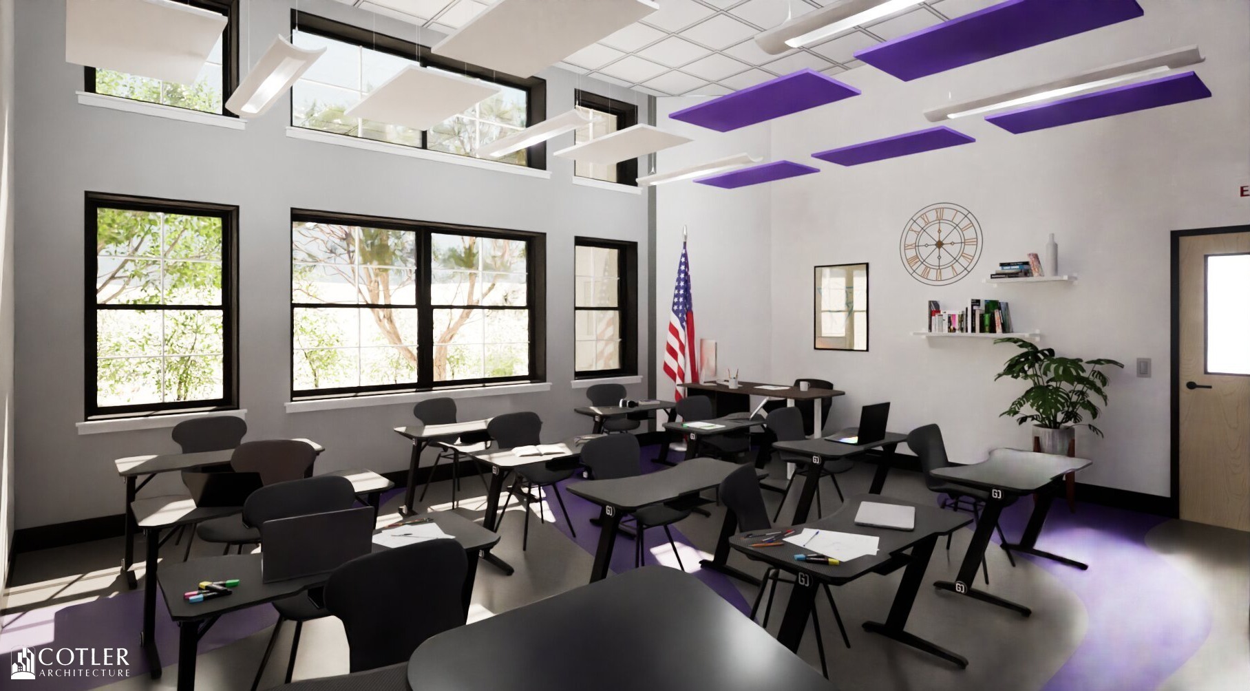 Interior of Christian Brothers Academy classroom with gray and black desks, gray walls, white ceiling, and violet panels.