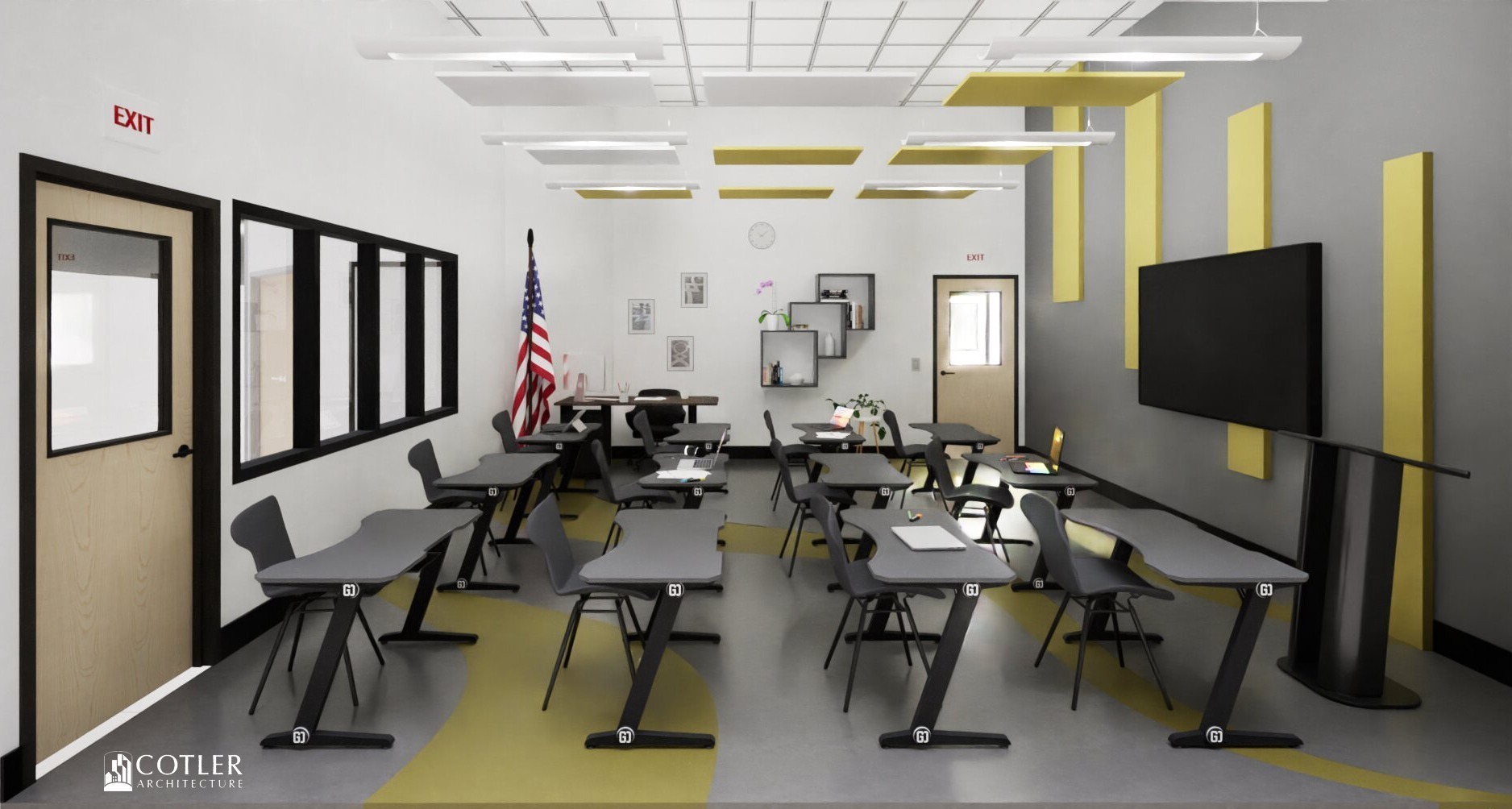 Interior of Christian Brothers Academy classroom with gray and black desks, gray walls, white ceiling, and yellow panels.