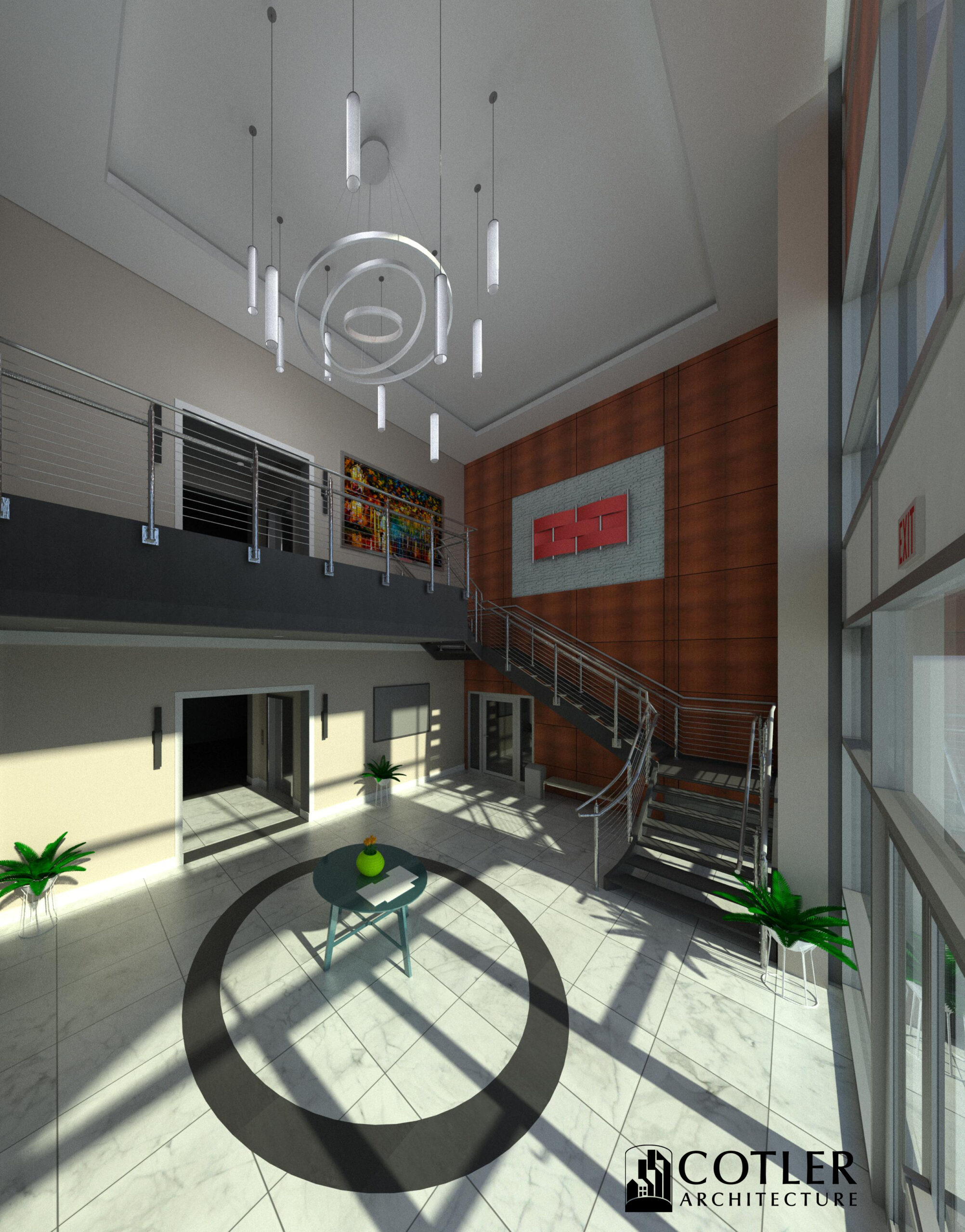 Interior rendering of Northwestern Mutual's headquarters. Ligh cascades on to the floor from windows at the right of the image. Various colorful decorations adorn the interior walls. Wood-tones accent wall frames gray staircase leading to second floor. Circular lighting fixture descends from ceiling.