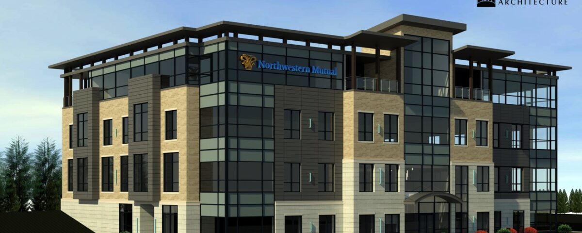 Northwestern Mutual headquarters building featuring a variety of materials on the surface in earthtones. This 4-story building has panels of glass windows and the Northwestern Mutual logo on blue on the facade.