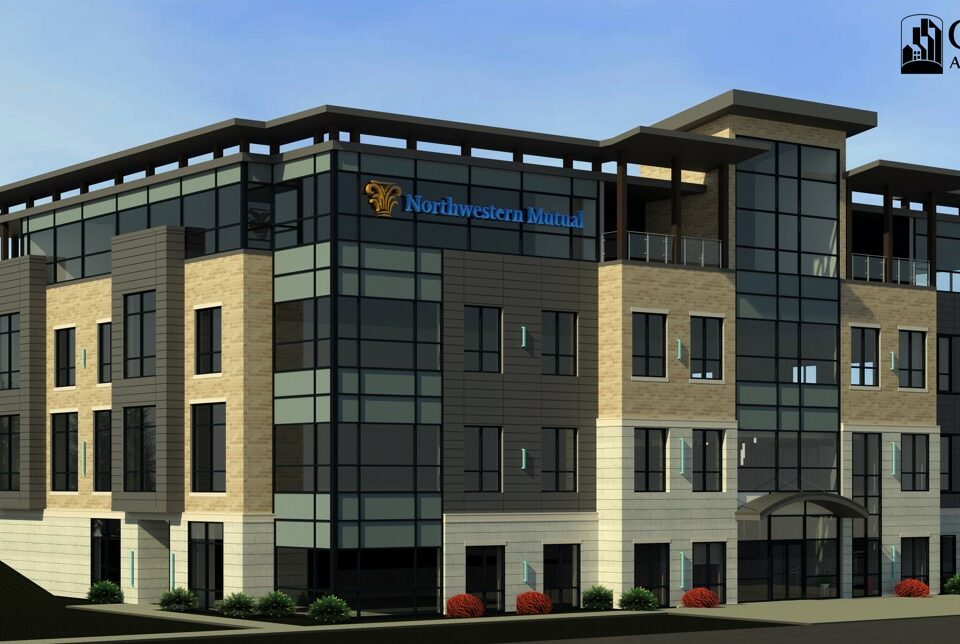 Northwestern Mutual headquarters building featuring a variety of materials on the surface in earthtones. This 4-story building has panels of glass windows and the Northwestern Mutual logo on blue on the facade.