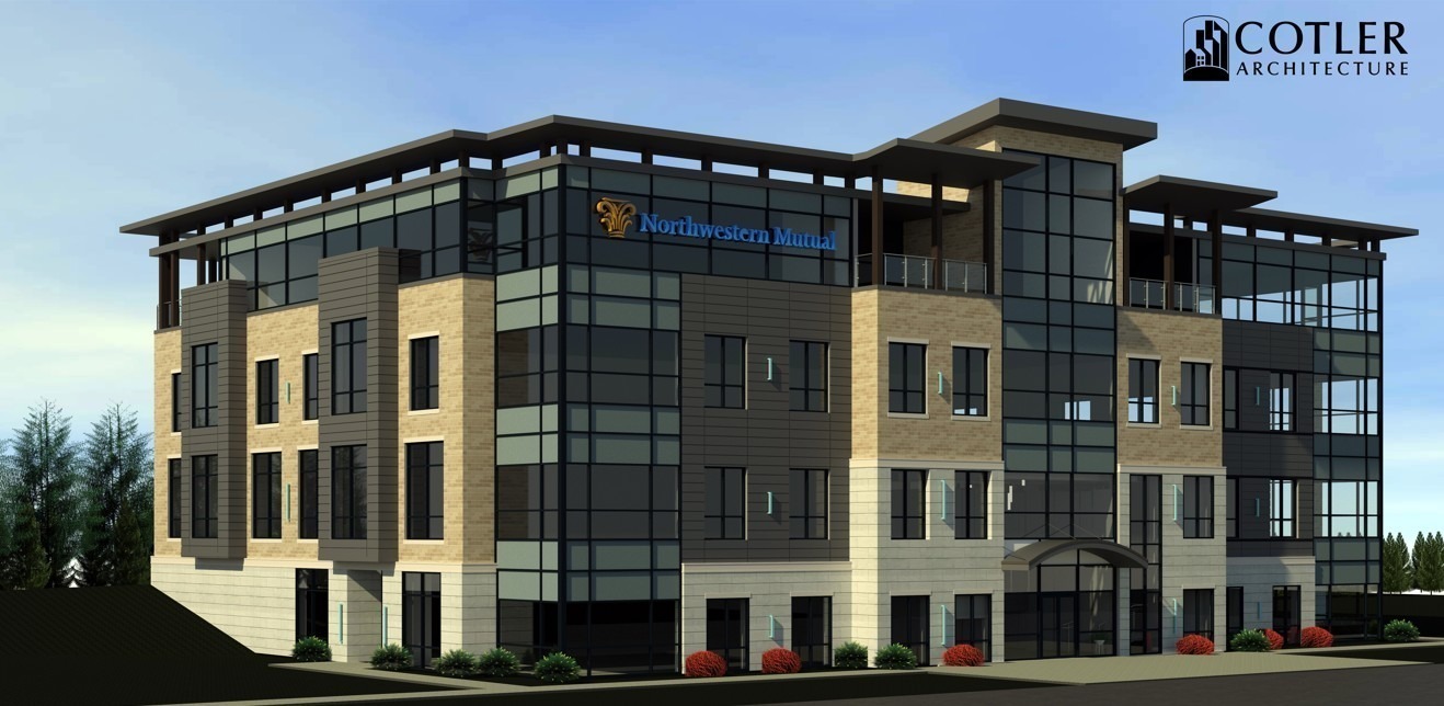 Northwestern Mutual headquarters building featuring a variety of materials on the surface in earthtones. This 4-story building has panels of glass windows and the Northwestern Mutual logo on blue on the facade.