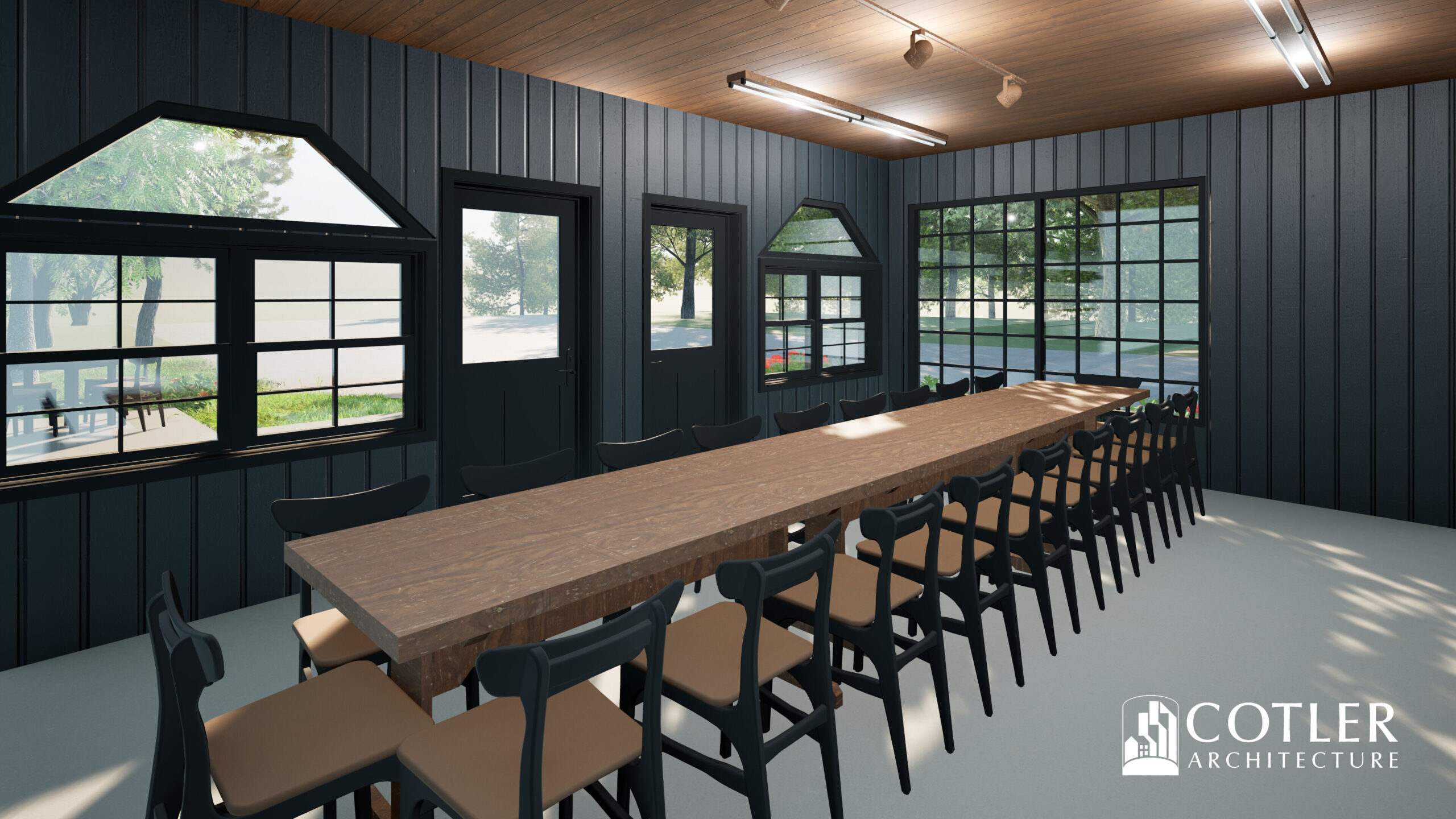 Interior rendering of Broken Loop Brewing Co., formerly Yonder Farms. Features a long wooden table with several seats and window looking out to a sunny day.