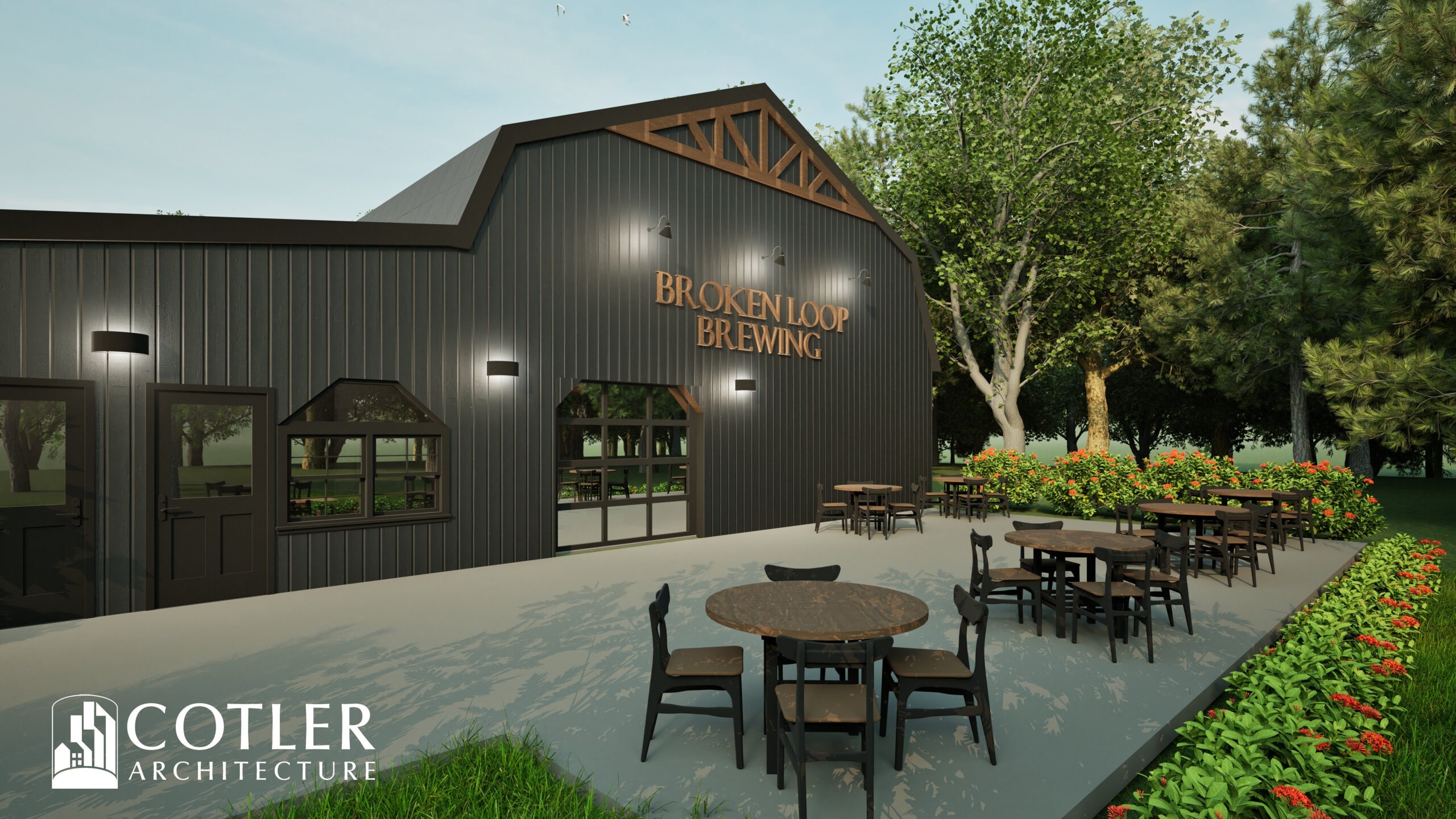 Rendering of Broken Loop Brewing Co., formerly Yonder Farms. Building has dark, vertical siding and is in the shape and style of a barn. Seating area outside with greenery and a blue sky.