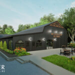 Rendering of Broken Loop Brewing Co., formerly Yonder Farms. Building has dark, vertical siding and is in the shape and style of a barn. Seating area outside with greenery and a blue sky.