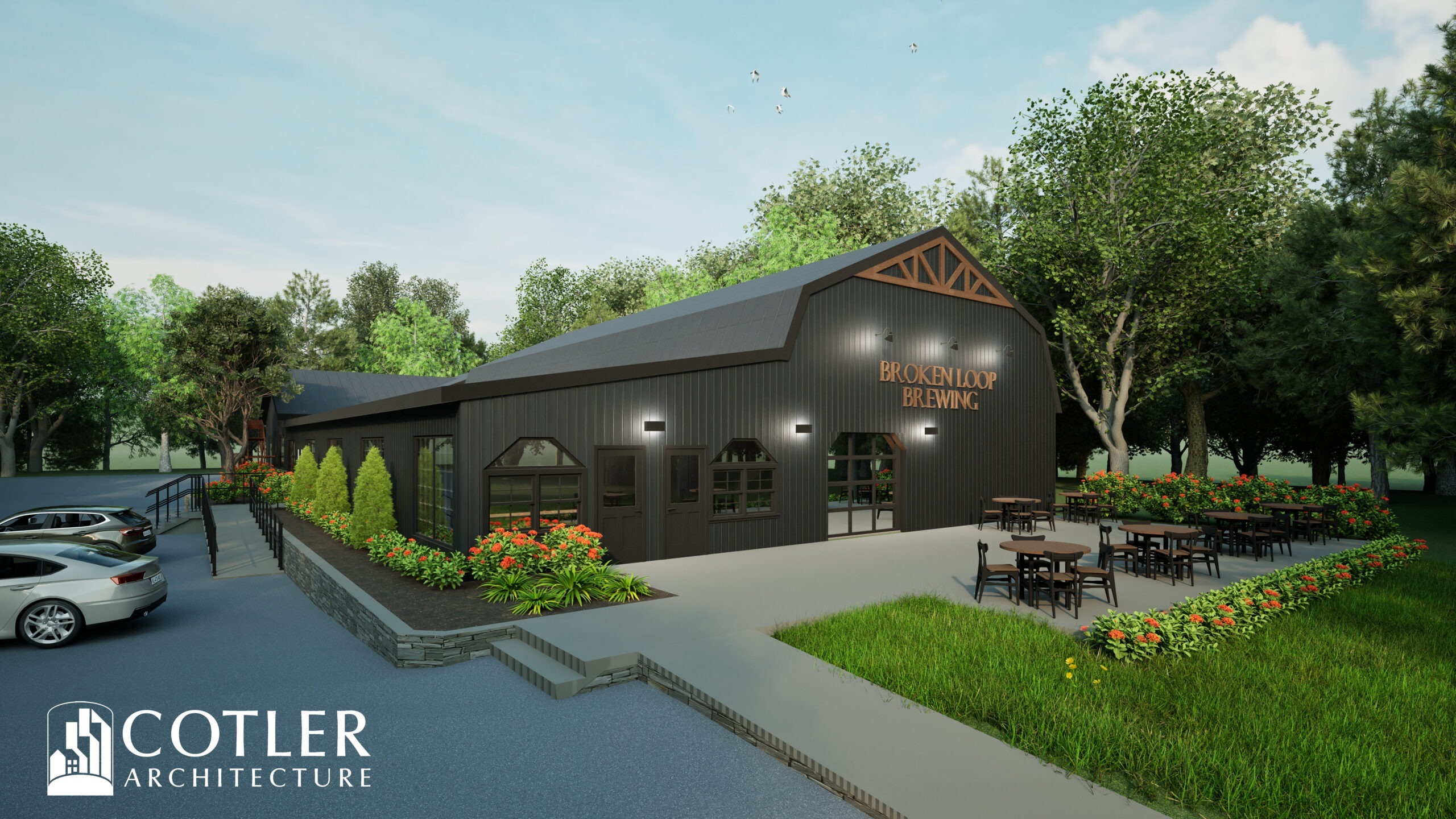 Rendering of Broken Loop Brewing Co., formerly Yonder Farms. Building has dark, vertical siding and is in the shape and style of a barn. Seating area outside with greenery and a blue sky.