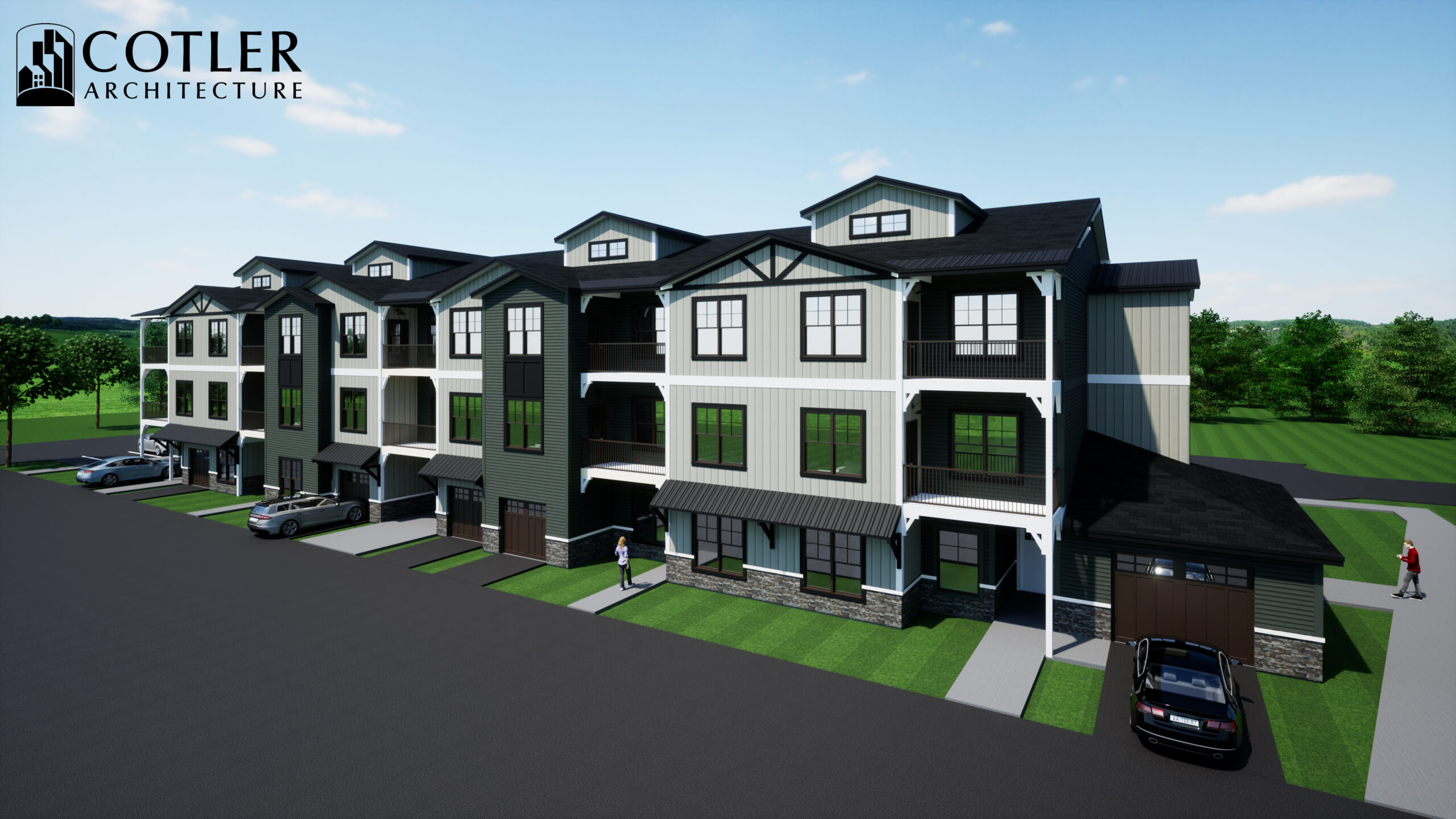 Rendering of a three story apartment building with black windows, a variety of surface materials and colors, garages, and covered decks. Building is set against a blue sky with greenery surrounding.