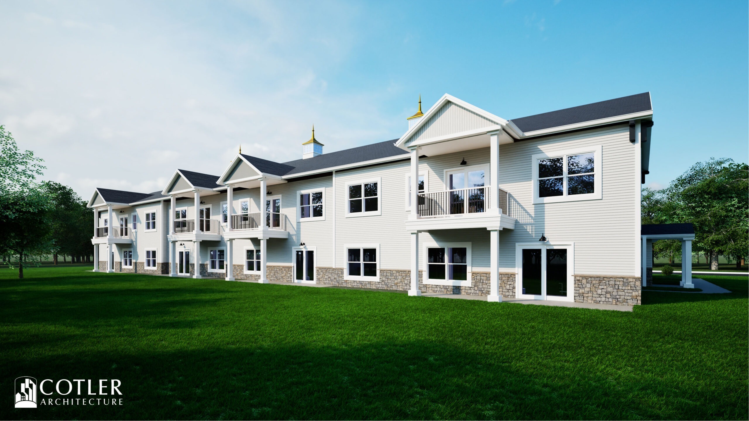 Rendering of Park Place at the Peninsula - a building with light colored materials, garages, covered decks, and dark shutters. Situated against a blue sky with green grass and an open parking lot.