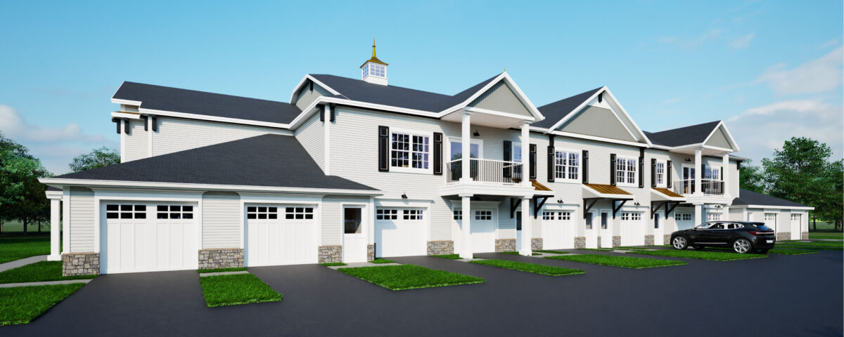 Rendering of Park Place at the Peninsula - a building with light colored materials, garages, covered decks, and dark shutters. Situated against a blue sky with green grass and an open parking lot.