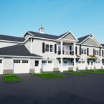 Rendering of Park Place at the Peninsula - a building with light colored materials, garages, covered decks, and dark shutters. Situated against a blue sky with green grass and an open parking lot.