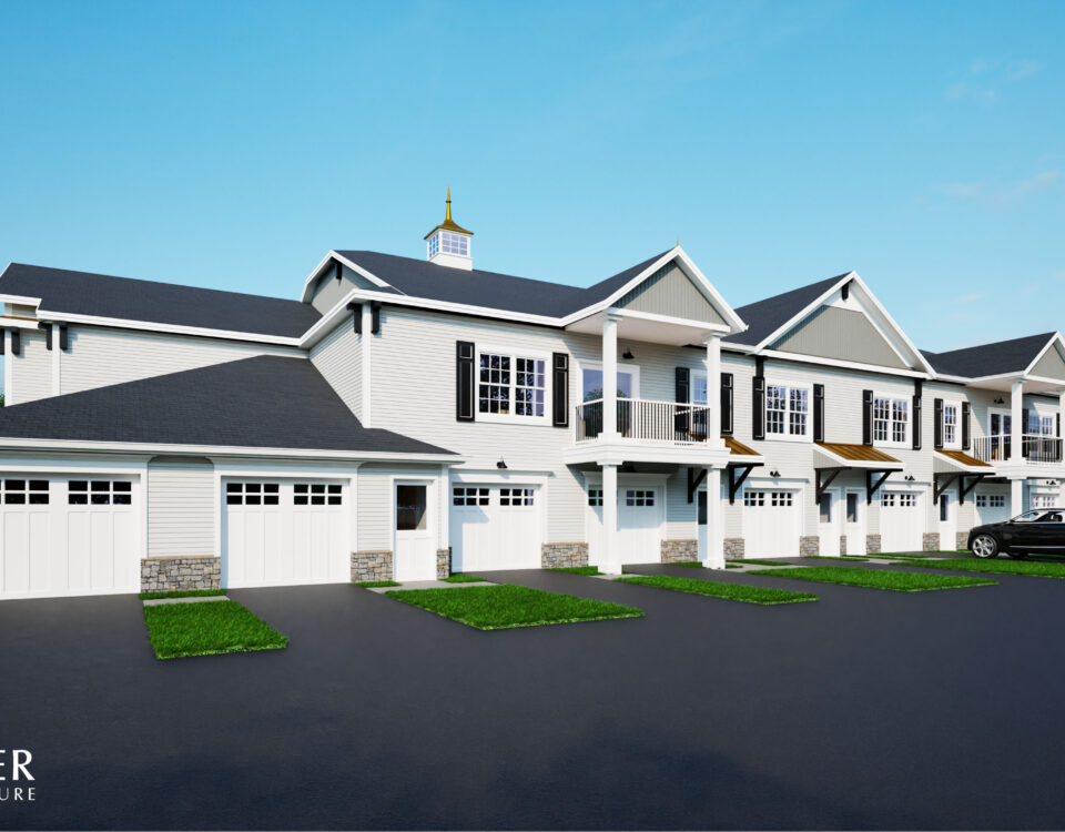 Rendering of Park Place at the Peninsula - a building with light colored materials, garages, covered decks, and dark shutters. Situated against a blue sky with green grass and an open parking lot.