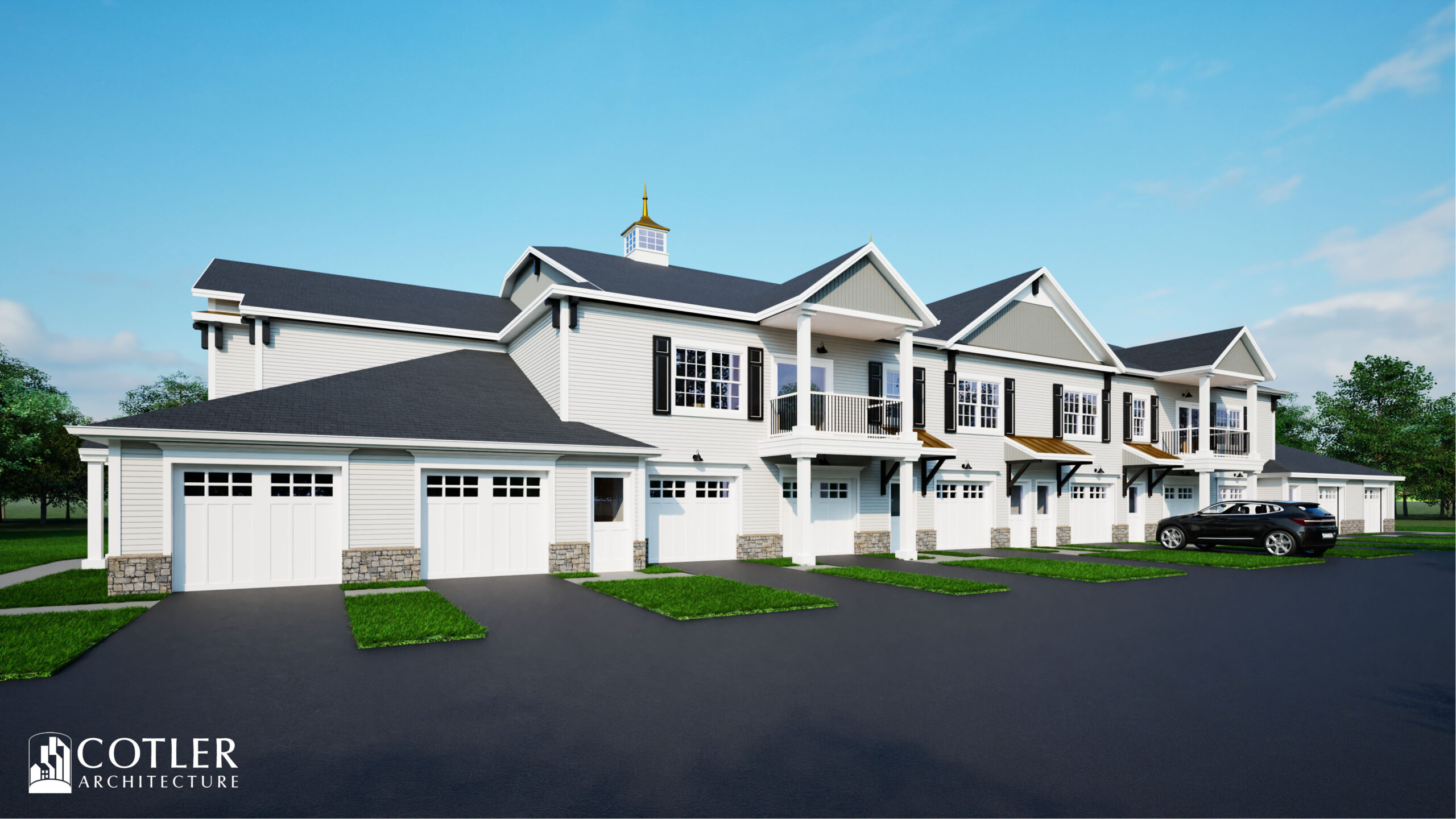 Rendering of Park Place at the Peninsula - a building with light colored materials, garages, covered decks, and dark shutters. Situated against a blue sky with green grass and an open parking lot.