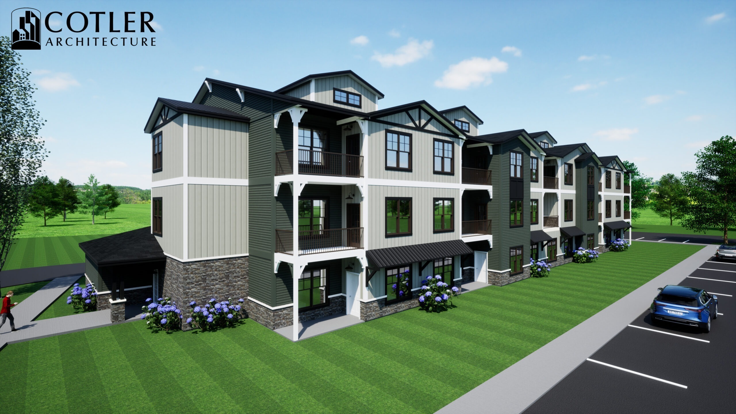 Rendering of a three story apartment building with black windows, a variety of surface materials and colors, garages, and covered decks. Building is set against a blue sky with greenery surrounding.