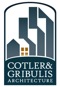 Cotler & Gribulis Architecture Logo featuring cool blue and warm yellow colors. Shapes form the ideas of a house and tall buildings above stacked text that reads Cotler & Gribulis Architecture.