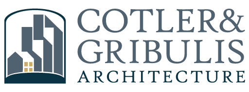 Cotler & Gribulis Architecture Logo featuring cool blue and warm yellow colors. Shapes form the ideas of a house and tall buildings to the left with text to the right that says Cotler & Gribulis Architecture.